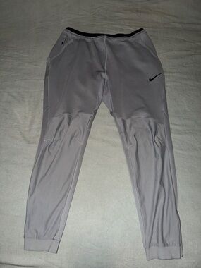 Mens NikePro Light Gray Jogger Pants with Black Swoosh